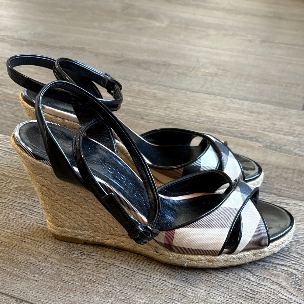 Burberry Black Patent Leather & Novacheck Plaid Canvas Espadrille Wedges EUR 39